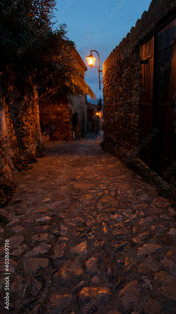 night view of the street of an old catalan village lightened by a street lamp