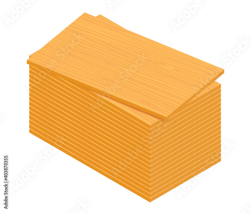 Isometric vector illustration pile of plywood sheets isolated on white background. Realistic wooden building materials vector icon in flat cartoon style. Stack of wooden boards for construction.