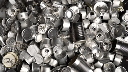 Large amount of metal tins, cans and jars for recycling. Aluminum metal food and drink sorted scraps. Steel packaging. Zero waste and recycle of domestic waste at home concept. No pollution.