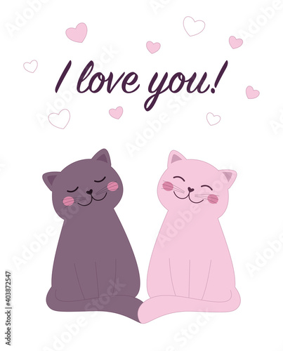 Valentine's card with cat in love with little hearts on background. Valentine's vector illustration.