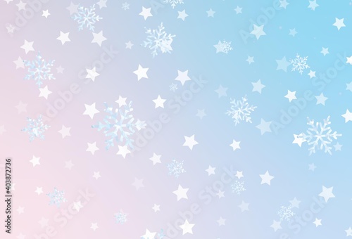 Light Pink, Blue vector background with xmas snowflakes, stars.