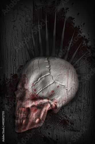 Vertical illustration of a human skull with blood on a black background photo