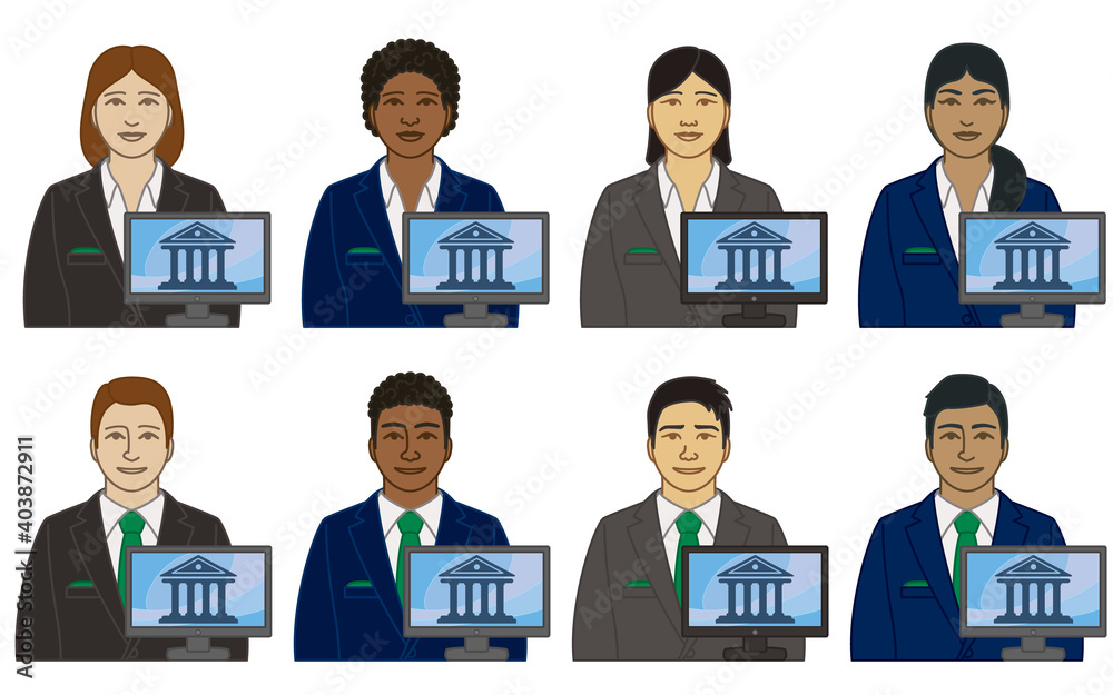 diversity, race, ethnicity of business banker vector icons, male and female, with bank image on monitor, isolated on a white background diversity, race, ethnicity of business banker vector icons, male and female, with bank image on monitor, isolated on a white background