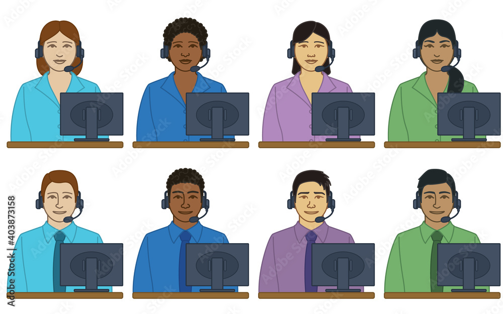diversity, race, ethnicity of business office receptionist vector icons male and female, wearing a headset with monitor, isolated on a white background
diversity, race, ethnicity of business office receptionist vector icons male and female, wearing a headset with monitor, isolated on a white background