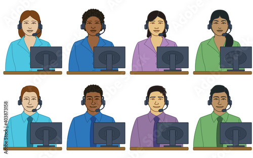 diversity, race, ethnicity of business office receptionist vector icons male and female, wearing a headset with monitor, isolated on a white background
