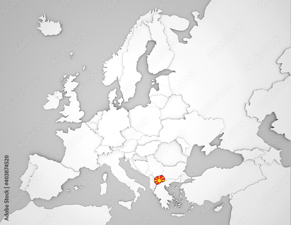 Fototapeta premium 3D Europakarte auf der Nordmazedonien hervorgehoben wird