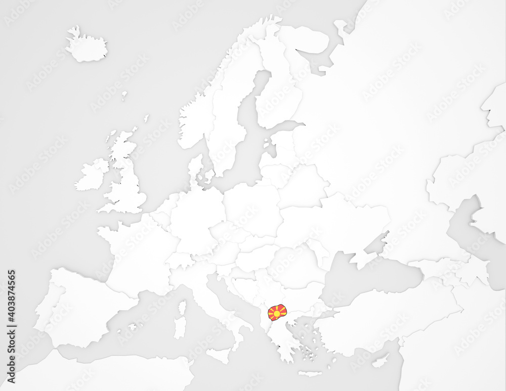3D Europakarte auf der Nordmazedonien hervorgehoben wird