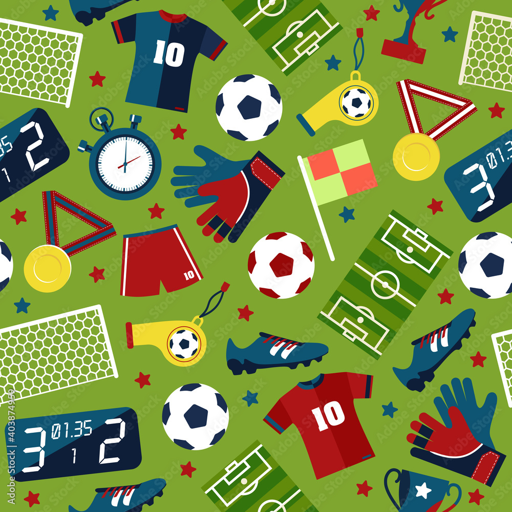 Vector flat seamless texture pattern sport soccer on green background .