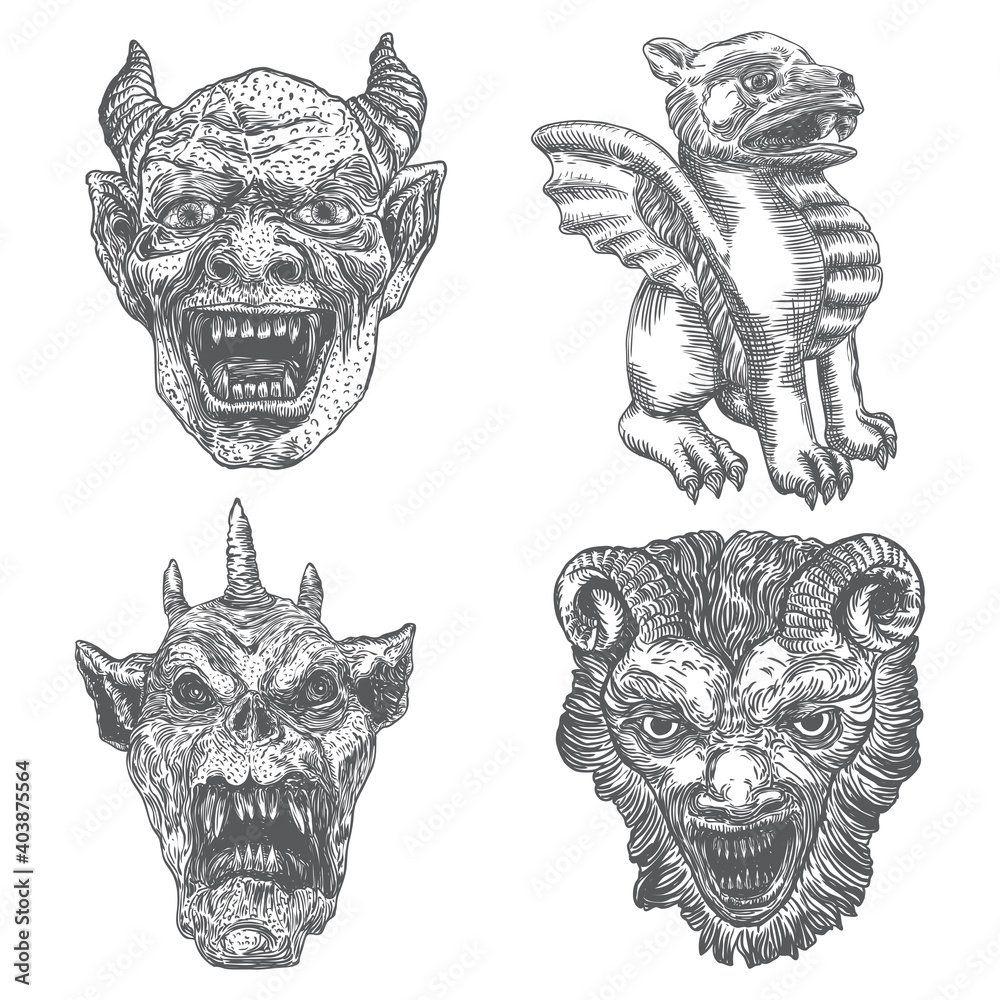Set of devil head with big demon horns or antlers and sharp fangs ...