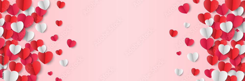 Valentine's Day background, paper hearts on pink background, vector illustration