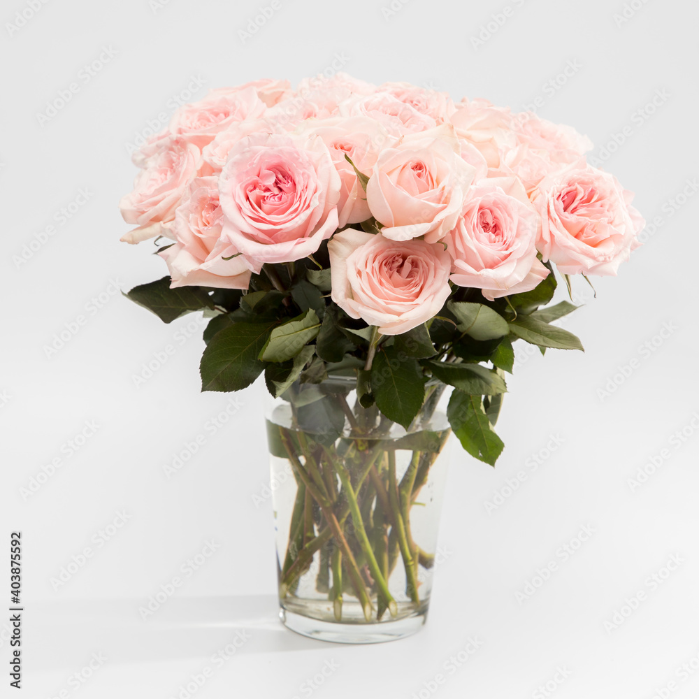 Rose White Pink O'hara. Bouquet of pink roses are in a glass vase. Rose White Pink O'hara. Bouquet of pink roses are in a glass vase.
