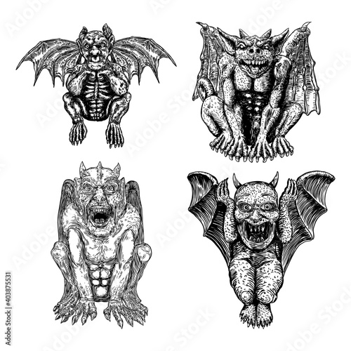Papier peint Set of mythological ancient creatures animals with bat like wings and horns