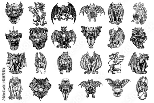 Fototapet Set of mythological ancient creatures animals with bat like wings and horns