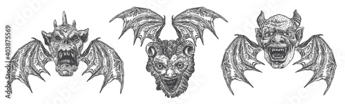 Set of devil heads with big demon horns or antlers and sharp fangs. Satan or Lucifer fallen angels depiction with vampire wings. Gargoyle like chimera fantastic beast creature with scary face Vector.