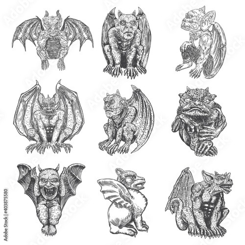 Set of gargoyle in sitting aggressive position to attack.  Human and dragon bat like demon Chimera fantastic beast creature with horns fangs and claws. Hand drawn gothic guardians at medieval. Vector