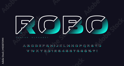 Sliced sans serif vector alphabet, cut font, letter and number set