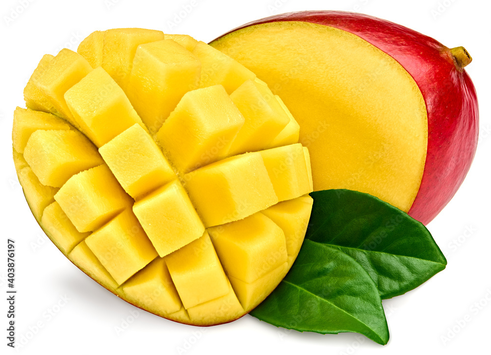 mango with slices and green leaves isolated on white background. exotic fruit. clipping path mango with slices and green leaves isolated on white background. exotic fruit. clipping path