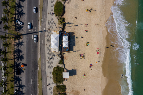 Kiosk at Praia da Barra da Tijuca, Recreio and Grumari in Rio de Janeiro, Brazil. Aerial View from Drone; Amazon rainforest in Rio