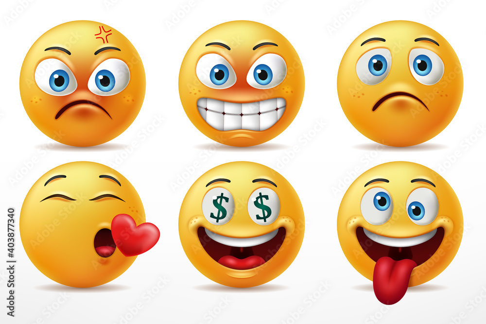 Smiling faces emoticon character set, Facial expressions of cute yellow faces in angry, in love, go mad, and feeling sad. 3D realistic vector illustration