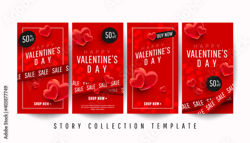 Happy Valentine s day promo story banner collection set with 3d hearts on red background. Valentine s day concept posters set.