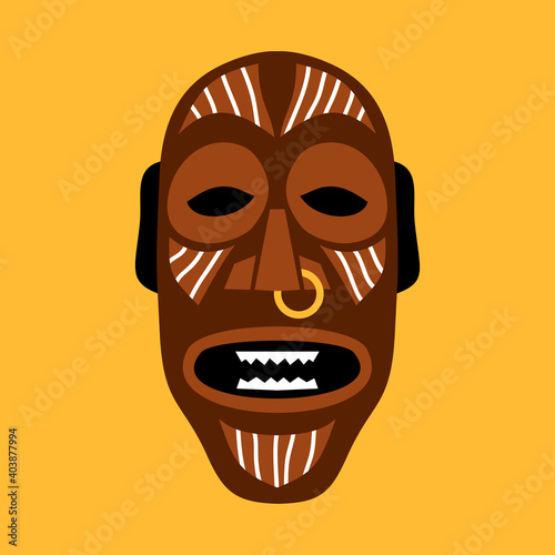 African ritual mask. Flat vector illustration in bright colors on yellow. photo
