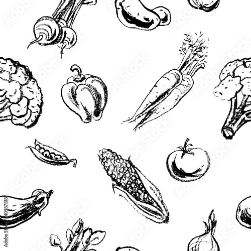 Seamless pattern with hand-drawn charcoal vegetables. Design of restaurants, grocery store. Vintage background.