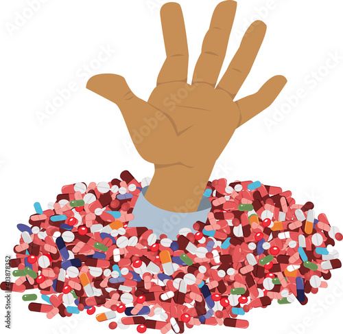 Men hand sticking out of a pile of prescription pills as a metaphor for drug use and opioid abuse epidemic, EPS 8 vector illustration