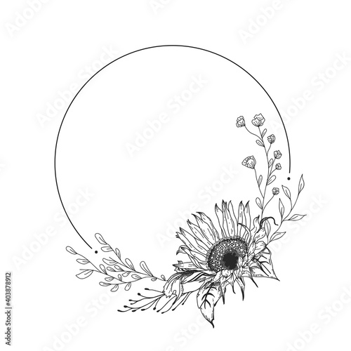 Sunflower wreath. Hand drawn illustration. Invitation graphic.