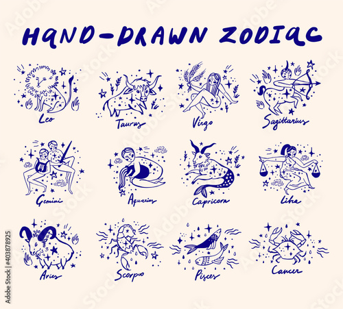Set of hand drawn vector zodiac signs. 