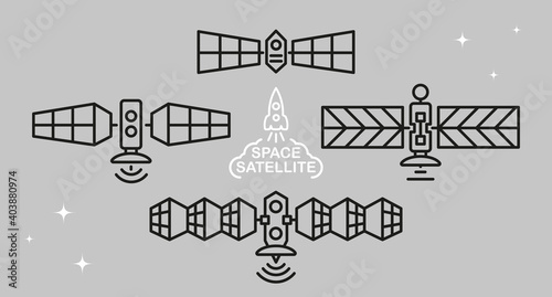 Set of space satellites in doodle style. Vector, illustration