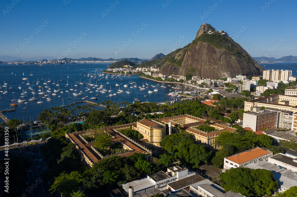 Universidade Federal do Rio de Janeiro, (UFRJ).  aerial view of the sugar loaf in rio de janeiro, brazil