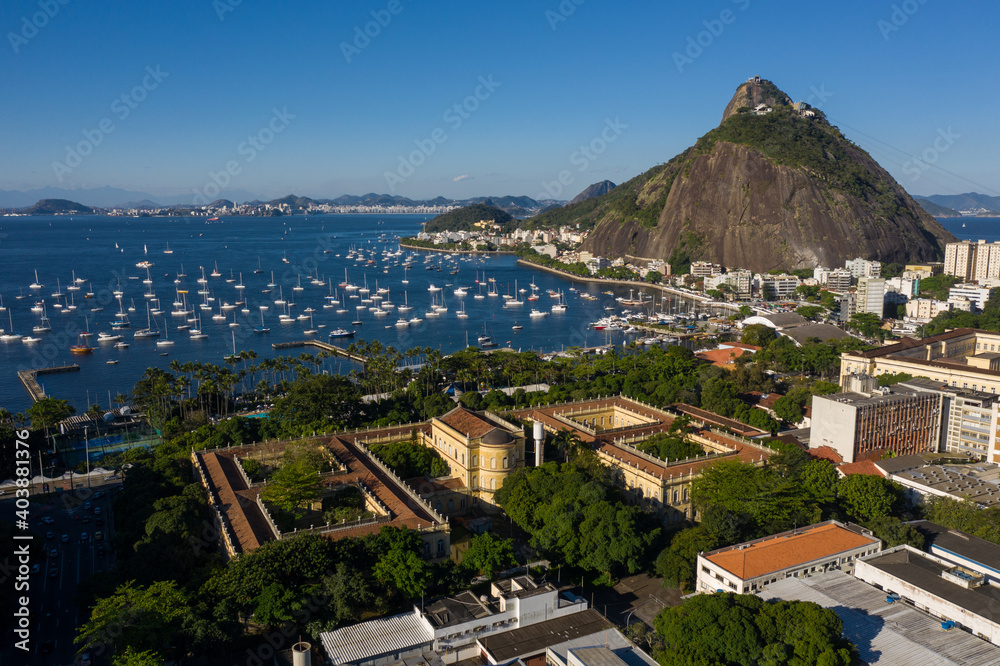 Fototapeta premium Universidade Federal do Rio de Janeiro, (UFRJ). aerial view of the sugar loaf in rio de janeiro, brazil