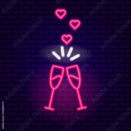 glowing glasses with champagne valentine's day celebration romantic evening romantic dinner neon style