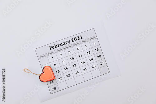 Valentine's Day calendar, instead of the number 14 heart. Top view, copy space.