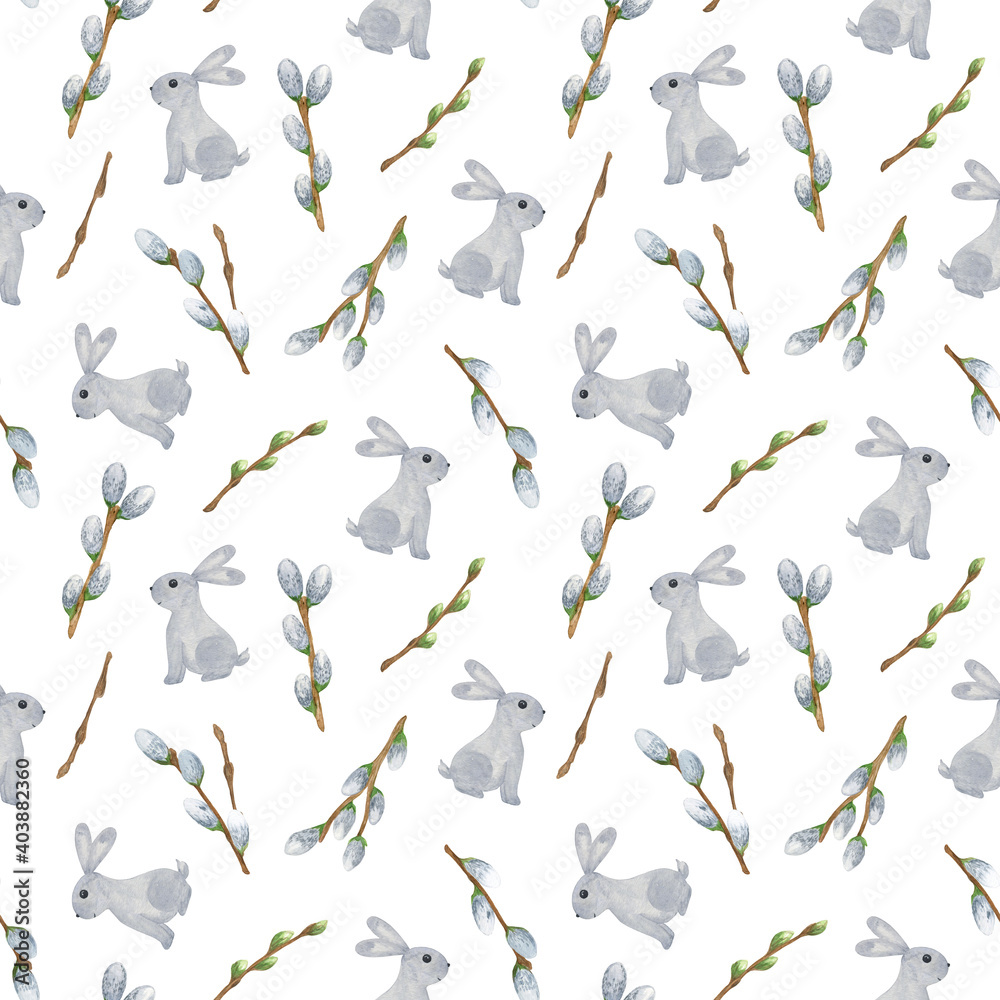 Fluffy pussy willow blooming branches and little bunny repeat pattern, young twigs of spring trees, watercolor illustration seamless ornament for Easter holidays celebration decor, cards, gift paper Fluffy pussy willow blooming branches and little bunny repeat pattern, young twigs of spring trees, watercolor illustration seamless ornament for Easter holidays celebration decor, cards, gift paper