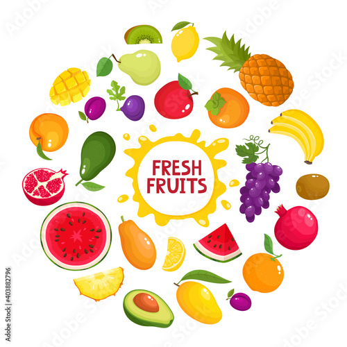 Colorful cartoon fruit poster isolated on white.