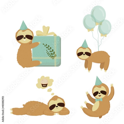 Set cute sloth characters, birthday, greeting concept. Bright and colourful bear isolated on white background with funny hat, bow, present and balloons. Clipart in cartoon style.