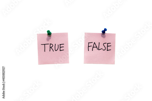 Pink sticky notes labeled words true and false isolated on white background. Truth and lie concept post it notepaper wallpaper