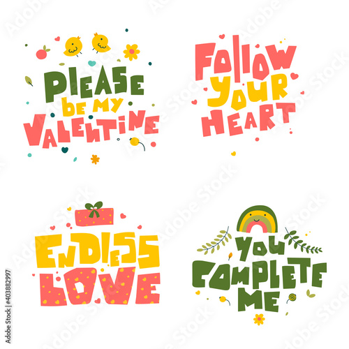 Hand drawn valentine day quotes, vector abstract background.
