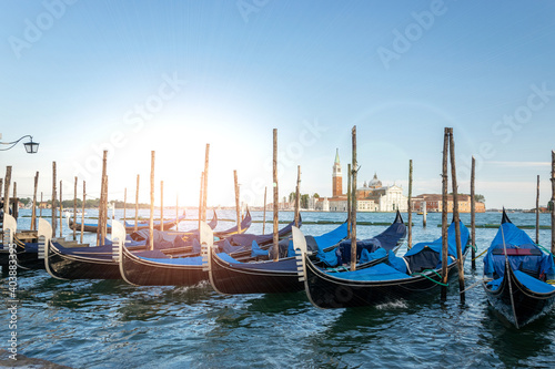 Grand canal with gondolas in travel Europe Venice city, Italy. Old italian architecture with landmark bridge, romantic boat. Venezia.