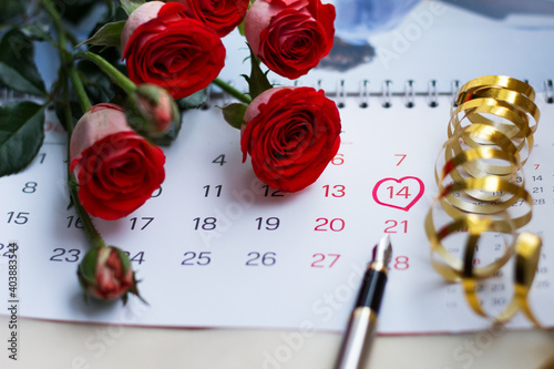 red roses lie on the calendar  background february 14  valentine s day