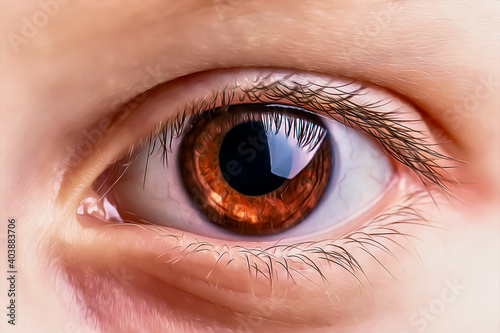 Brown human eye, very close-up, photo stylized as an oil painting.