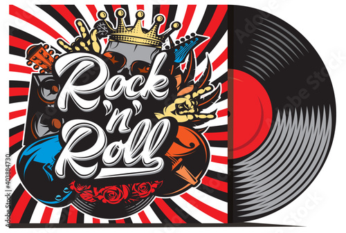 Vinyl record with cover mockup. Typography with rock n roll pattern.. Vector illustration. Place your text