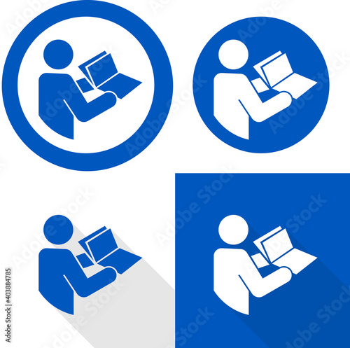 Manual book symbol. Read before use. Refer to instruction manual booklet mandatory sign
