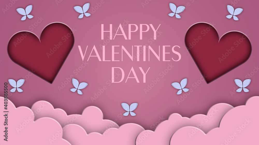Valentine's day concept, hearts on a background of clouds with butterflies. Valentine's Day holiday. Day of Love. Concept for background on brochure, banner, poster. 3D rendering
