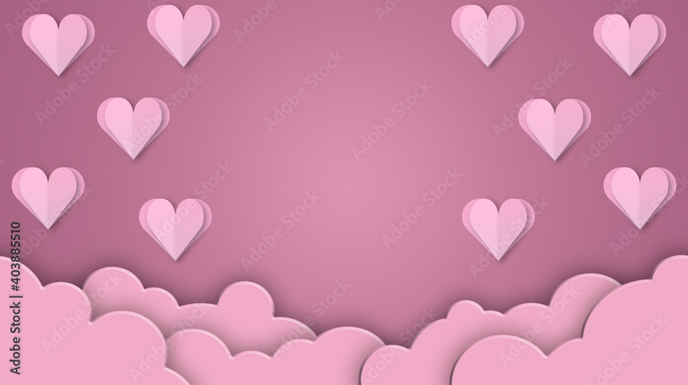 Papercut pink heart for valentine's day background with clouds. Valentine's Day holiday. Day of Love. Concept for background on brochure, banner, poster. 3D rendering