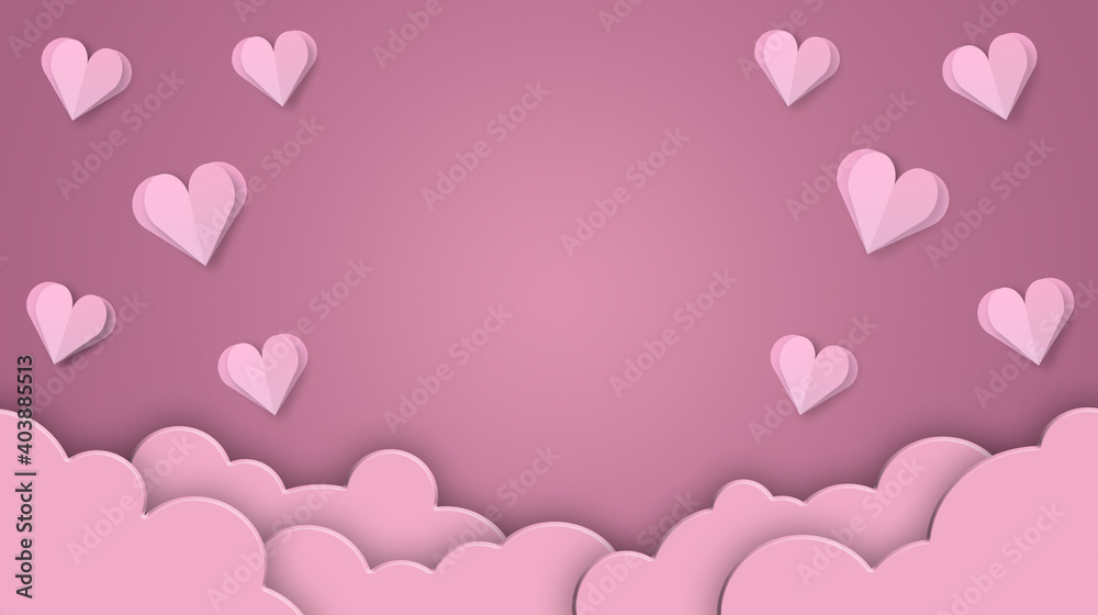 Papercut heart for valentine's day background with clouds. Valentine's Day holiday. Day of Love. Concept for background on brochure, banner, poster. 3D rendering