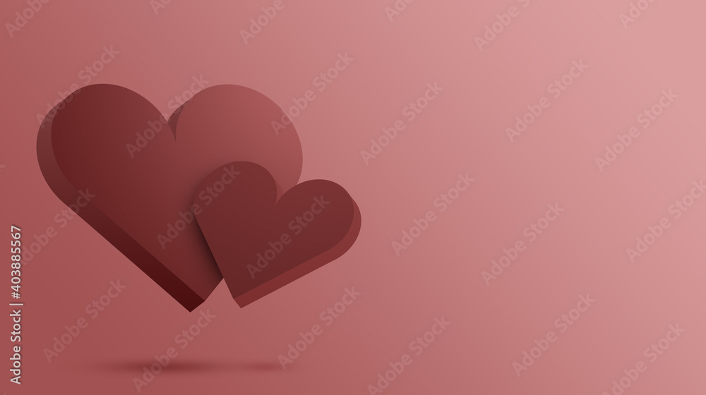 Valentine's day  two red hearts. Valentine's Day holiday. Day of Love. Concept for background on brochure, banner, poster. 3D rendering