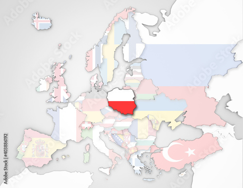 3D Europakarte auf der Polen hervorgehoben wird und die restlichen Flaggen transparent sind