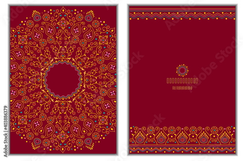 Set of invitation cards with floral mandala background in bright burgundy color.  photo